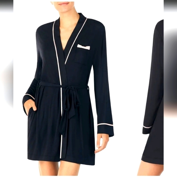KATE SPADE JERSEY MODAL KNIT BLACK SHORT ROBE PINK BOW DETAIL POCKETS WOMEN MED - Picture 1 of 15